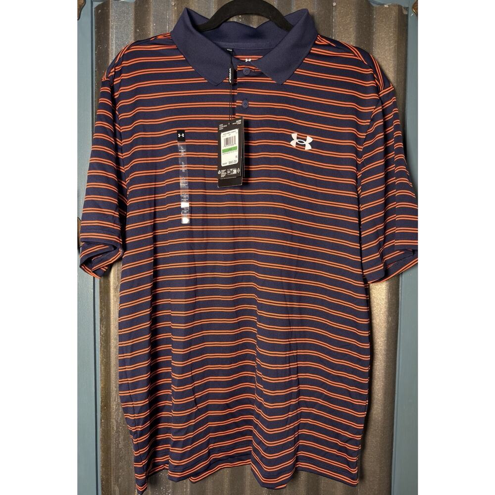 NWT Under Armour Mens UA Matchplay Stripe Polo Loose Fit Size Large Orange Blue